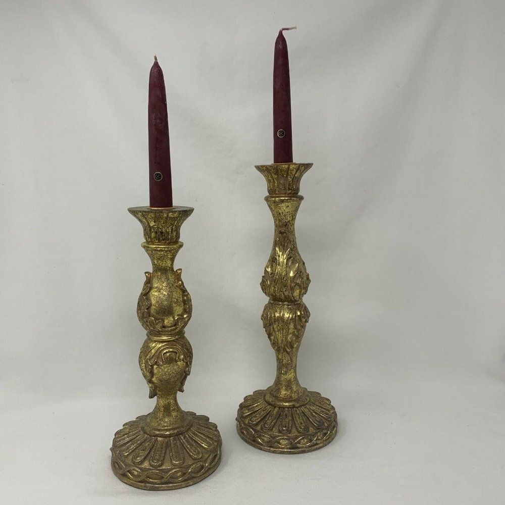 Gold Painted Ornate Resin Taper Candle Holders (set of 2)